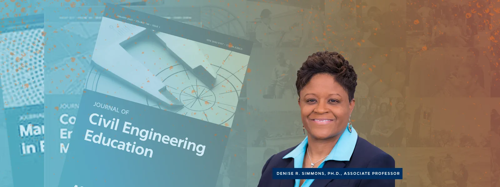 A woman with short dark hair and a blue blazer smiles in front of a blue and orange gradient background with academic journals.