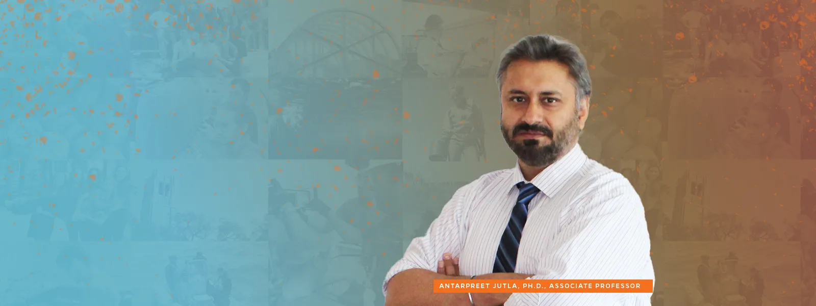 A man with a beard, wearing a white striped shirt and blue tie, stands with arms crossed against a blue and orange gradient collage.