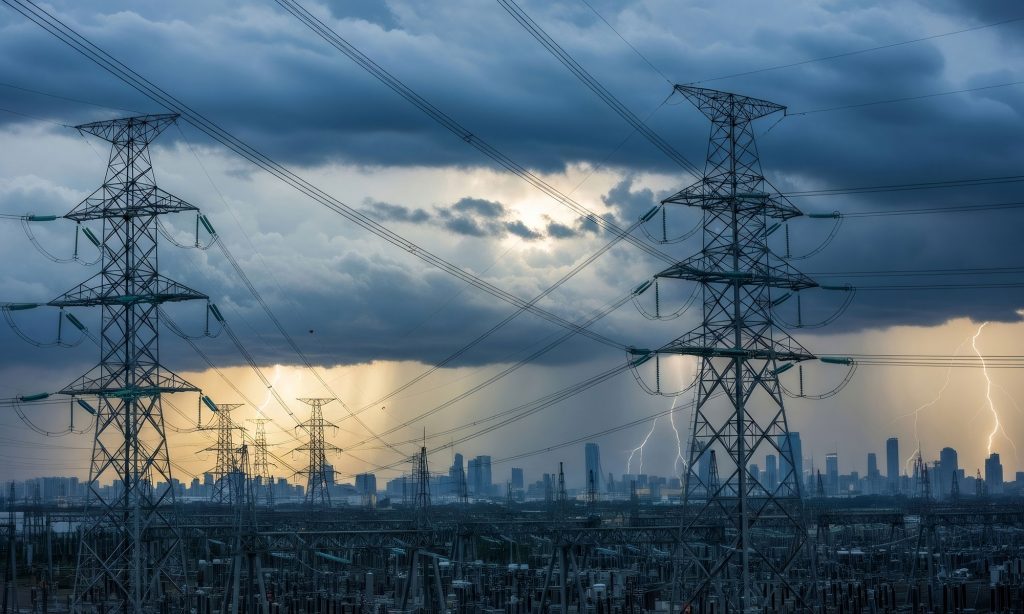 Transmission towers against a cloudy sky