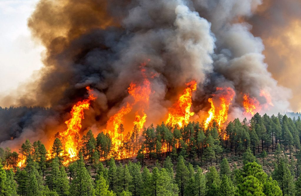 A wildfire burns in a forested area.