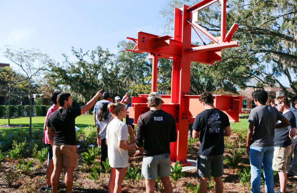 Students in Analysis & Design in Steel examine the steel teaching sculpture during class on Nov. 21. Photo by Harrem Monkhorst
